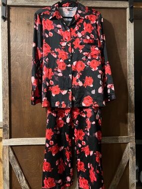 Victoria's Secret Black Pajama set with Red Floral Detail